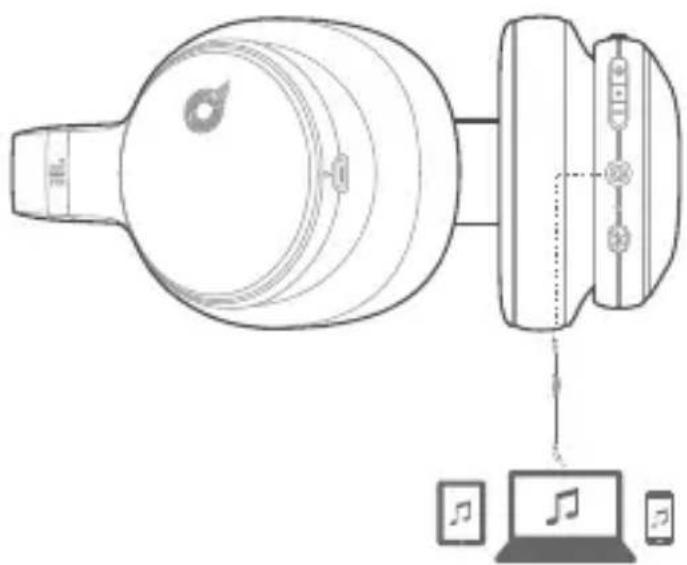 Diagram showing a device connected to a laptop with music note icons, illustrating audio or audio processing workflow.