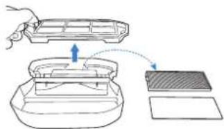 Diagram showing a hand pressing down on a plastic tray with an arrow indicating motion or assembly.