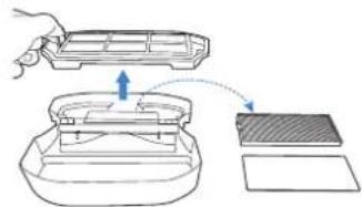 Diagram showing a hand pressing a component into a tray, with an arrow indicating motion or force direction.