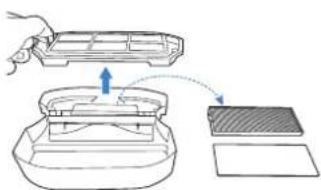 Diagram showing a hand pressing down on a tray with an arrow indicating motion, alongside a separate diagram of a patterned surface.