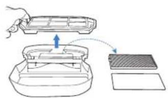 Diagram showing a hand operating a device with an arrow indicating direction, alongside a separate panel with a hatched pattern.