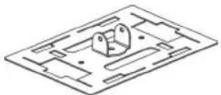 Isometric line drawing of a mechanical part with cutouts and mounting holes (no text or symbols)