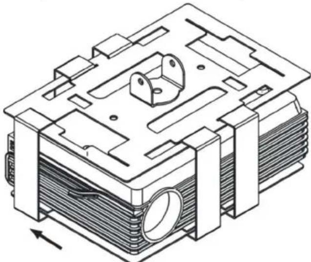 Technical line drawing of a mechanical component with internal parts and mounting brackets (no text or symbols)