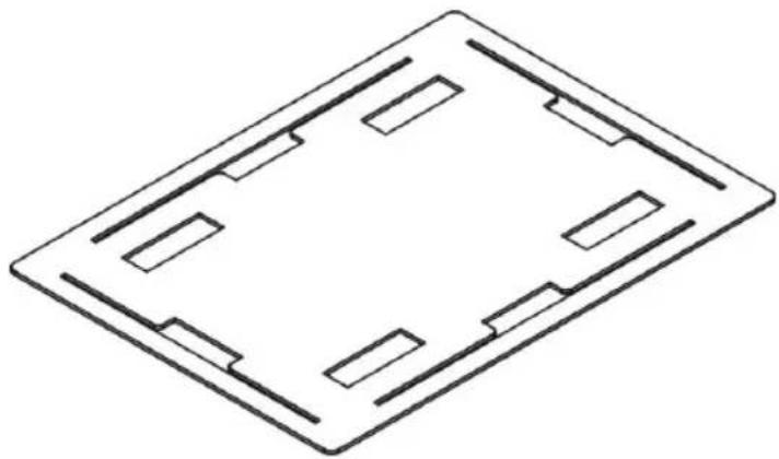 Isometric line drawing of a rectangular frame with four internal slots and rectangular cutouts (no text or symbols)