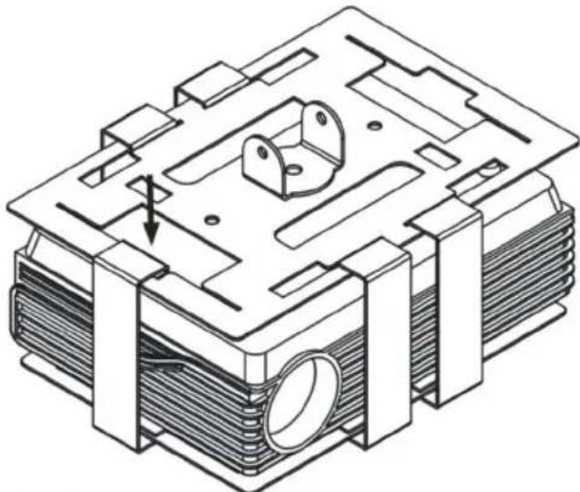 Technical line drawing of a mechanical housing or enclosure with internal components and mounting brackets (no text or symbols)
