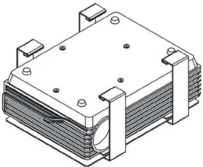 Isometric line drawing of a heat exchanger or cooling unit with mounting brackets and internal coil (no text or symbols)