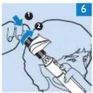 Diagram showing a hand holding a device with numbered instructions and blue arrows indicating action steps