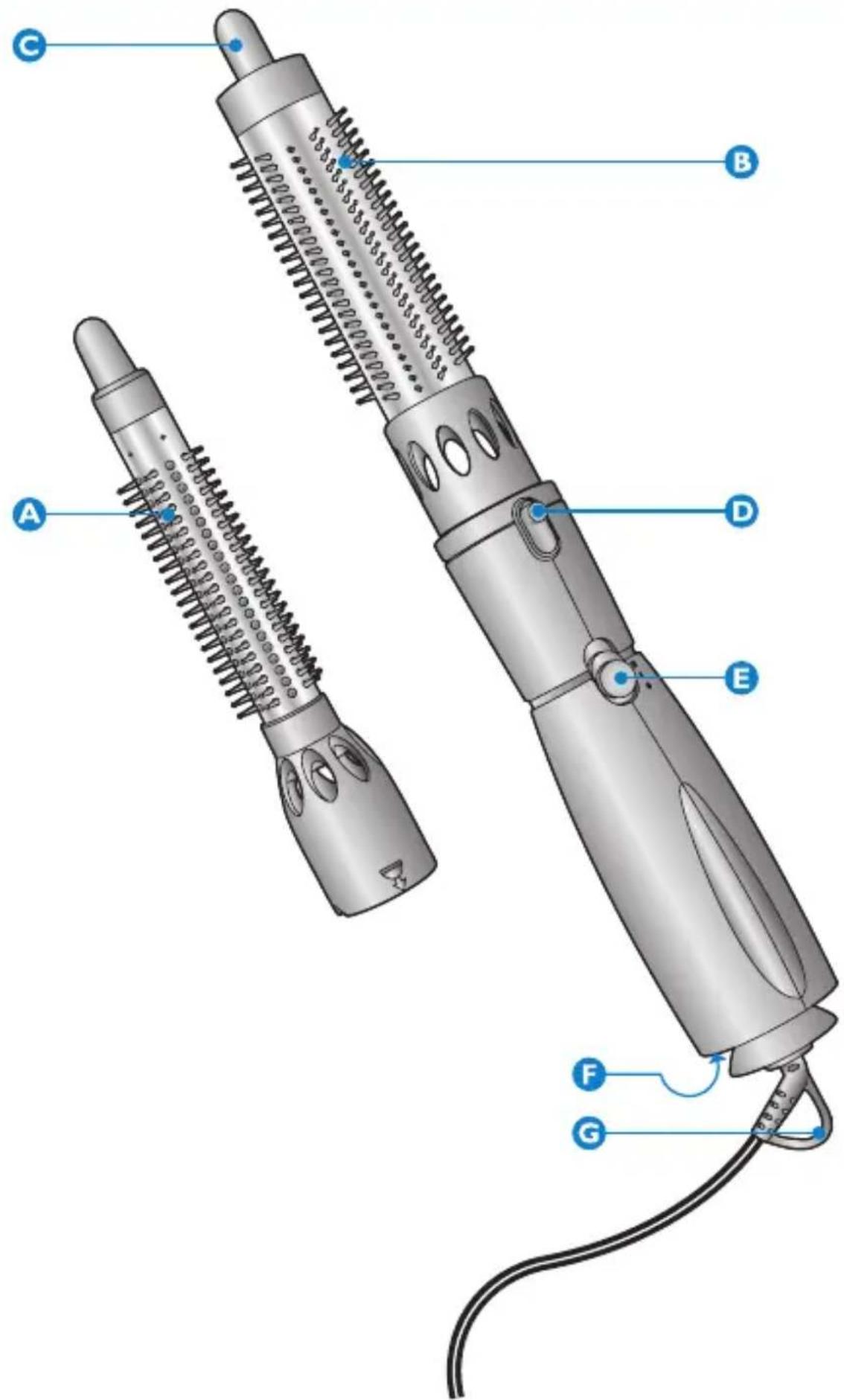 Technical diagram of a hairpin with labeled parts A through G, showing internal structure and wiring connections.