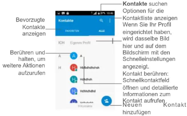 Bevorzugte Kontakte anzeigen Berühren und halten, um weitere Aktionen aufzurufen ICH Eigenes Profil A H Hdlhdhhsh H Hdlhdsh Hdlhdhhd Udhhshh 9 Kontakte Kontakte suchen Optionen für die Kontaktliste anzeigen Wenn Sie Ihr Profileingerichtet haben, wird dasselbe Bild hier und auf dem Bildschirm mit den Schnelleinstellungen angezeigt. Kontakt berühren: Schnellkontaktfeld öffnen und detaillierte Informationen zum Kontakt aufrufen Neuen hinzufügen Kontakt