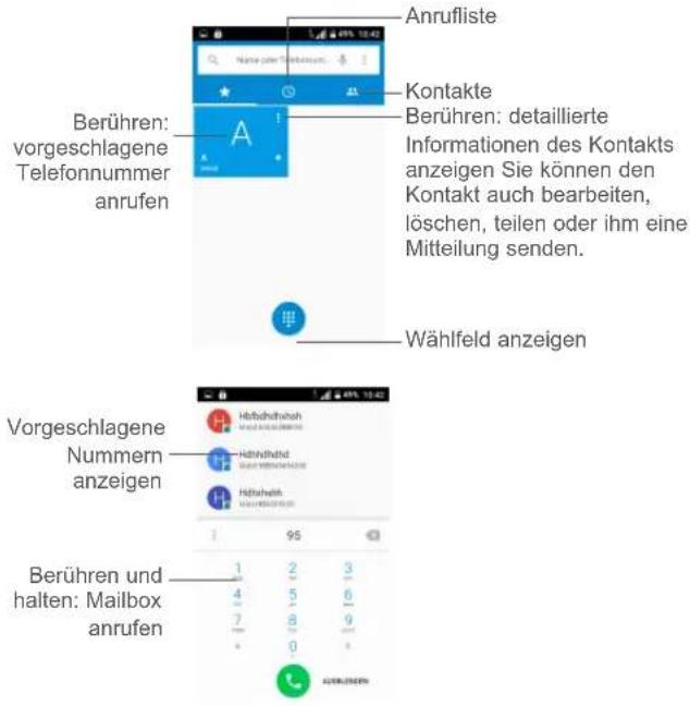 Anrufliste Kontakte Berühren: detaillierte Informationen des Kontakts anzeigen Sie können den Kontakt auch bearbeiten, löschen, teilen oder ihm eine Mitteilung senden. Wählfeld anzeigen Berühren: vorgeschlagene Telefonnummer anrufen Vorgeschlagene Nummern anzeigen Berühren und halten: Mailbox anrufen 1 2 3 4 5 6 7 8 9 0