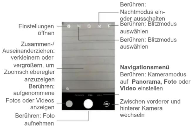 Einstellungen öffnen Zusammen-/Auseinanderziehen: verkleinern oder vergrößern, um Zoomschieberegler anzuzeigen Berühren: aufgenommene Fotos oder Videos anzeigen Berühren: Foto aufnehmen Berühren: Nachtmodus ein- oder ausschalten Berühren: Blitzmodus auswählen Berühren: Blitzmodus auswählen Navigationsmenü Berühren: Kameramodus auf Panorama, Foto oder Video einstellen Zwischen vorderer und hinterer Kamera wechseln