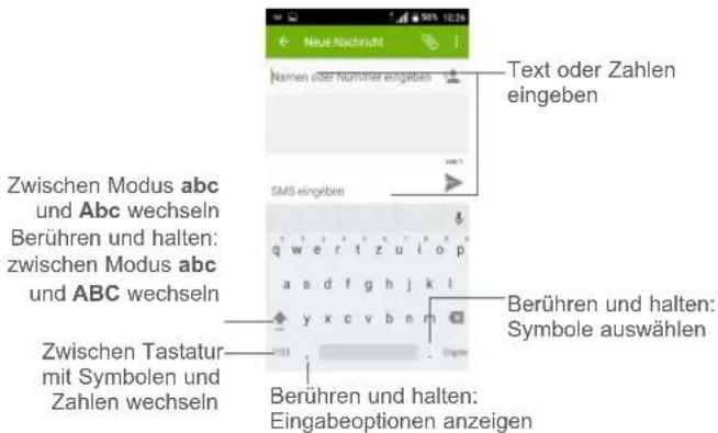 New Nachricht Text oder Zahlen eingeben Zwischen Modus abc und Abc wechseln Berühren und halten: zwischen Modus abc und ABC wechseln Zwischen Tastatur mit Symbolen und Zahlen wechseln SMS eingeben Berühren und halten: Symbole auswählen Berühren und halten: Eingabeoptionen anzeigen