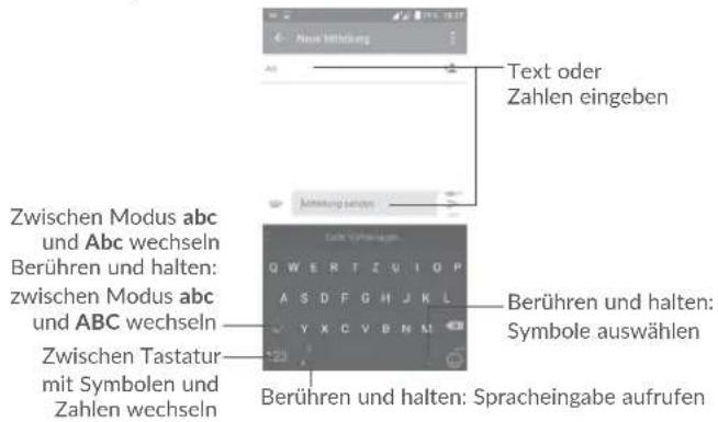 Text oder Zahlen eingeben Zwischen Modus abc und Abc wechseln Berühren und halten: zwischen Modus abc und ABC wechseln Zwischen Tastatur mit Symbolen und Zahlen wechseln Lokka Vahrgaben Q W E R T Z U I O P A S D F G H J K L Y X C V B N M Berühren und halten: Symbole auswählen Berühren und halten: Spracheingabe aufrufen