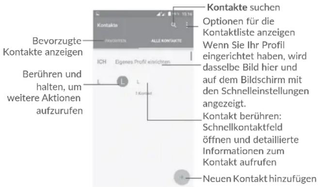 Bevorzugte Kontakte anzeigen Berühren und halten, um weitere Aktionen aufzurufen Kontakte suchen Optionen für die Kontaktliste anzeigen Wenn Sie Ihr Profil eingerichtet haben, wird dasselbe Bild hier und auf dem Bildschirm mit den Schnelleinstellungen angezeigt. Kontakt berühren: Schnellkontaktfeld öffnen und detaillierte Informationen zum Kontakt aufrufen Neuen Kontakt hinzufügen