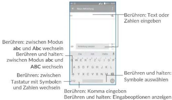 Berühren: Text oder Zahlen eingeben Berühren: zwischen Modus abc und Abc wechseln Berühren und halten: zwischen Modus abc und ABC wechseln Berühren: zwischen Tastatur mit Symbolen und Zahlen wechseln Berühren und halten: Symbole auswählen Berühren: Komma eingeben Berühren und halten: Eingabeoptionen anzeigen