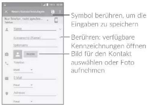 Symbol berühren, um die Eingaben zu speichern Berühren: verfügbare Kennzeichnungen öffnen Bild für den Kontakt auswählen oder Foto aufnehmen