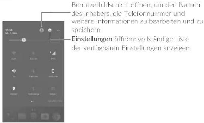 Benutzerbildschirm öffnen, um den Namen des Inhabers, die Telefonnummer und weitere Informationen zu bearbeiten und zu speichern Einstellungen öffnen: vollständige Liste der verfügbaren Einstellungen anzeigen