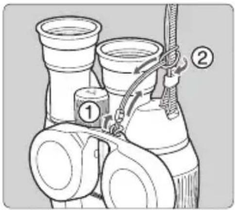 Diagram of a mechanical device with labeled parts, showing components like tanks and a rope connection.