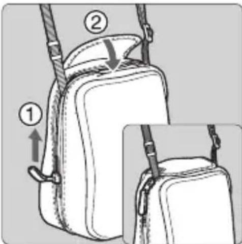 Diagram showing two labeled parts of a backpack with arrows indicating movement or positioning, likely illustrating a physical or instructional setup.