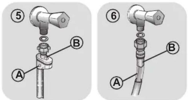 Technical diagram showing two configurations of a pipe fitting with labeled parts A and B, numbered 5 and 6.