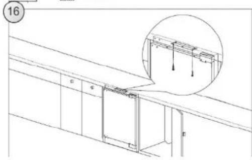 Architectural line drawing of a cabinet and shelf assembly with an inset showing internal components (no text or symbols)