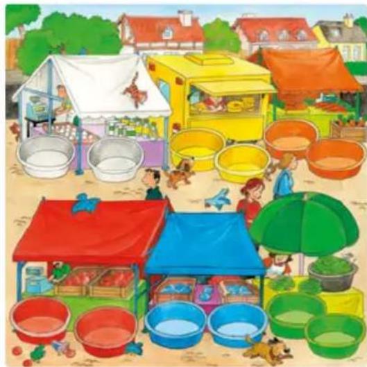 Colorful cartoon illustration of a bustling outdoor market with vendors, shoppers, and colorful buckets (no text or symbols)