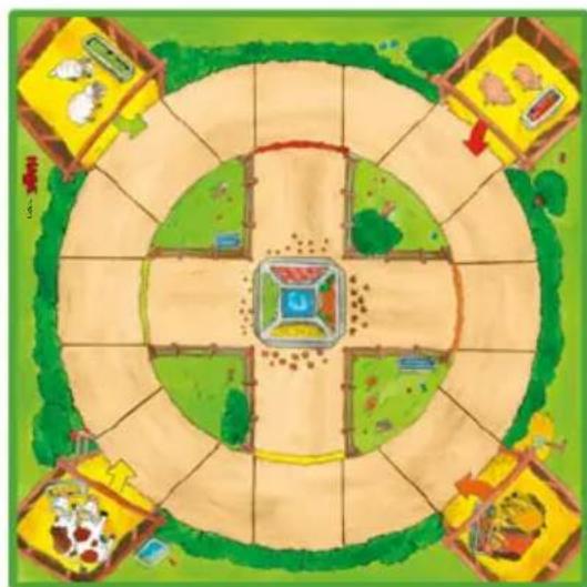Top-down illustration of a circular agricultural field with four quadrants, marked with animals and crops (no text or symbols)