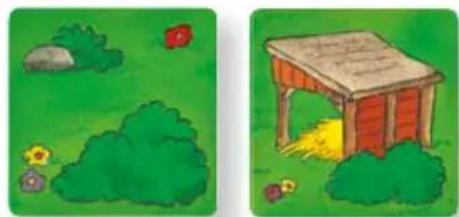 Two cartoon-style illustrations: one showing a red flower on a rock, the other showing a wooden structure with yellow leaves and scattered flowers (no text or symbols)