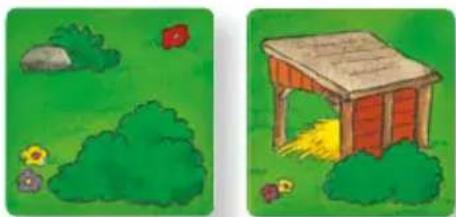 Two cartoon-style illustrations: one showing a grassy hill with rocks and flowers, the other showing a wooden structure with yellow leaves and a straw (no text or symbols)
