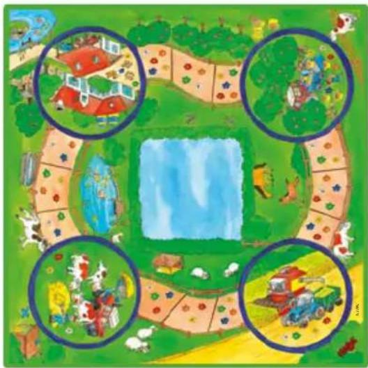 Colorful children's play area with four circular insets showing various activities including houses, a pond, animals, and a tractor (no text or symbols)