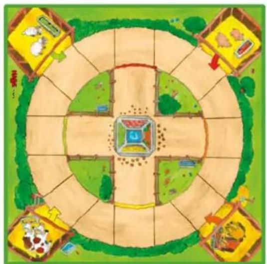 Top-down illustration of a circular agricultural field with crop plots, livestock, and farm equipment (no text or symbols)