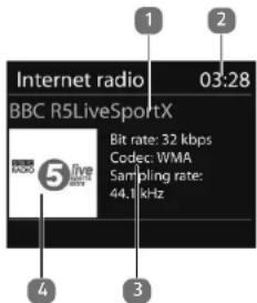 Internet radio BBC R5LiveSportX 1 2 03:28 Bit rate: 32 kbps Codec: WMA Sampling rate: 44.1 kHz 3 4