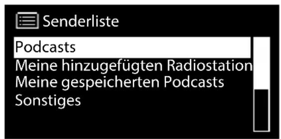 Senderliste Podcasts Meine hinzugefügten Radiostation Meine gespeicherten Podcasts Sonstiges
