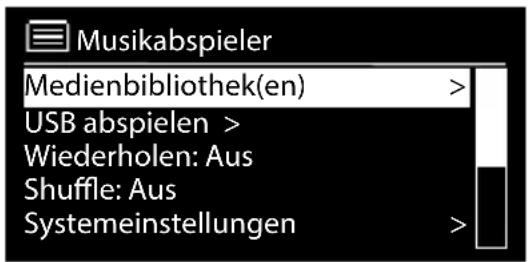 Musikabspieler Medienbibliothek(en) > USB abspielen > Wiederholen: Aus Shuffle: Aus Systemeinstellungen >