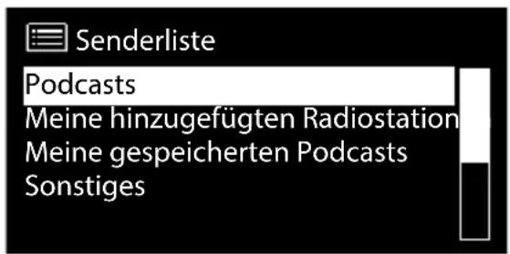 Senderliste Podcasts Meine hinzugefügten Radiostation Meine gespeicherten Podcasts Sonstiges
