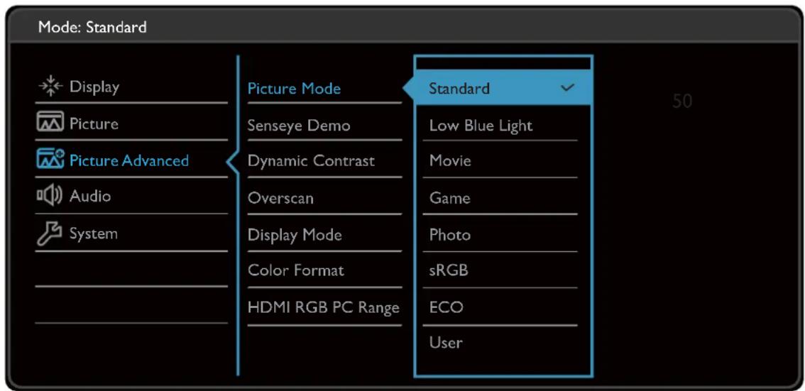 Mode: Standard Display Picture Picture Advanced Audio System Picture Mode Senseye Demo Dynamic Contrast Overscan Display Mode Color Format HDMI RGB PC Range Standard Low Blue Light Movie Game Photo sRGB ECO User