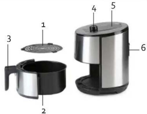 Labeled diagram of a smart air fryer with numbered parts for identification