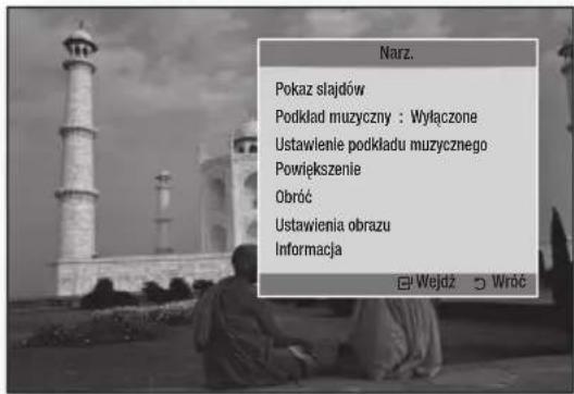 Narz. Pokaz slajdów Podkład muzyczny : Wyłączone Ustawienie podkładu muzycznego Powiększenie Obróć Ustawienia obrazu Informacja Wejdź Wróć