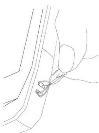 Line drawing of a hand holding a car seatbelt, no text or symbols present
