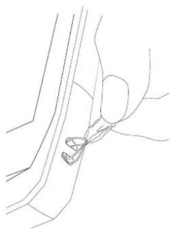 Line drawing of a car seatbelt buckle securing a vehicle (no text or symbols)