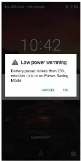 No SIM card - No service 10:42 Low power warning Battery power is less than 20% whether to turn on Power Saving Mode CANCEL OK
