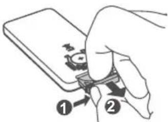 Diagram showing a hand inserting a device into a smartphone, labeled with step numbers 1 and 2.