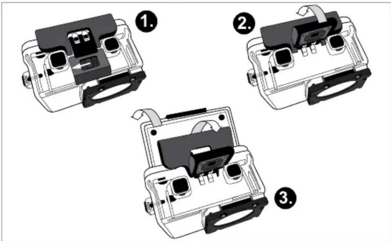 Diagram showing three views of a device with labeled parts, likely illustrating camera or display system components.