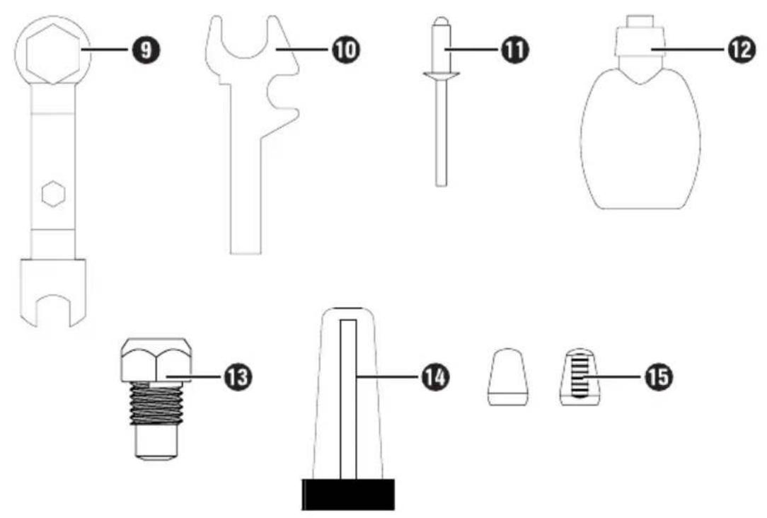 Technical diagram showing 15 labeled mechanical components with numbered annotations
