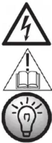 Warning symbols including a lightning bolt, warning triangle with an open book, and a lightbulb with radiating lines