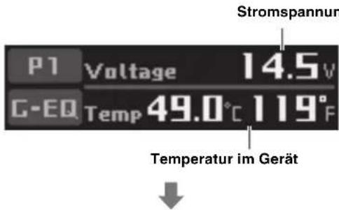 P1 Voltage 14.5V G-EQ Temp 49.0°C 119°F Stromspannung Temperatur im Gerät