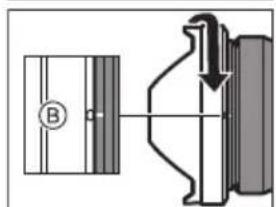Technical diagram showing a mechanical assembly with labeled component B and directional arrow indicating rotation or movement.