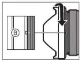 Technical diagram showing a mechanical assembly with labeled component B and directional arrow indicating rotation or movement.