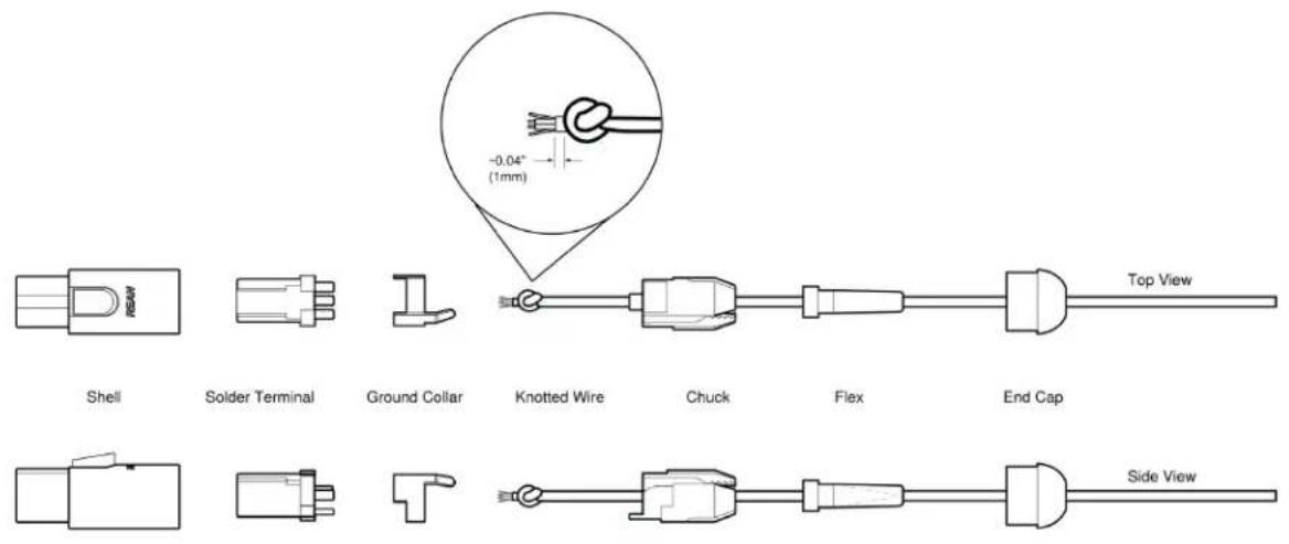 Shell Solder Terminal Ground Collar Knotted Wire Chuck Flex End Cap Top View Side View