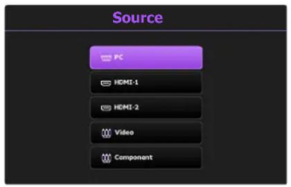 Source PC HDMI-1 HDMI-2 Video Component